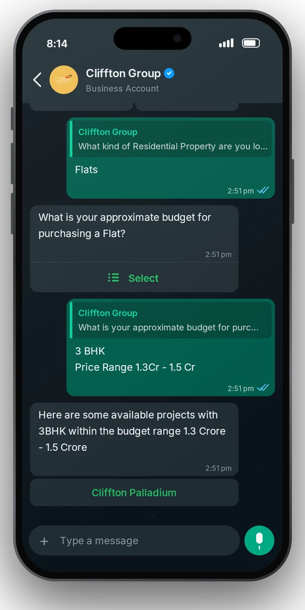 WhatsApp chatbot asking a lead about requirement and budget
