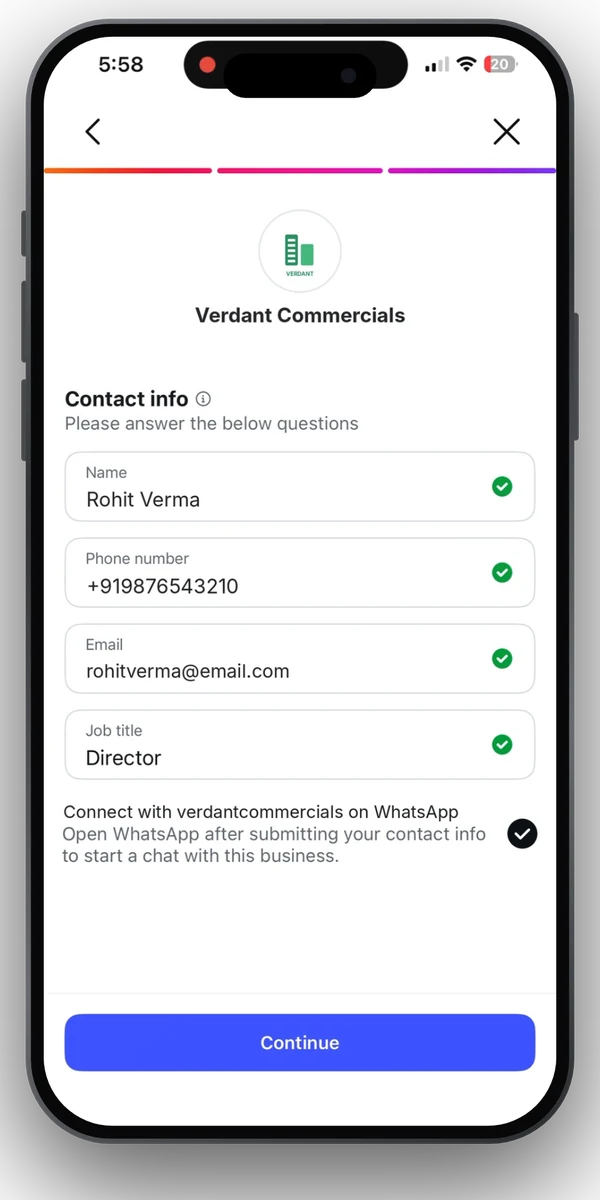 Meta lead form on Instagram with name, phone number and email filled in