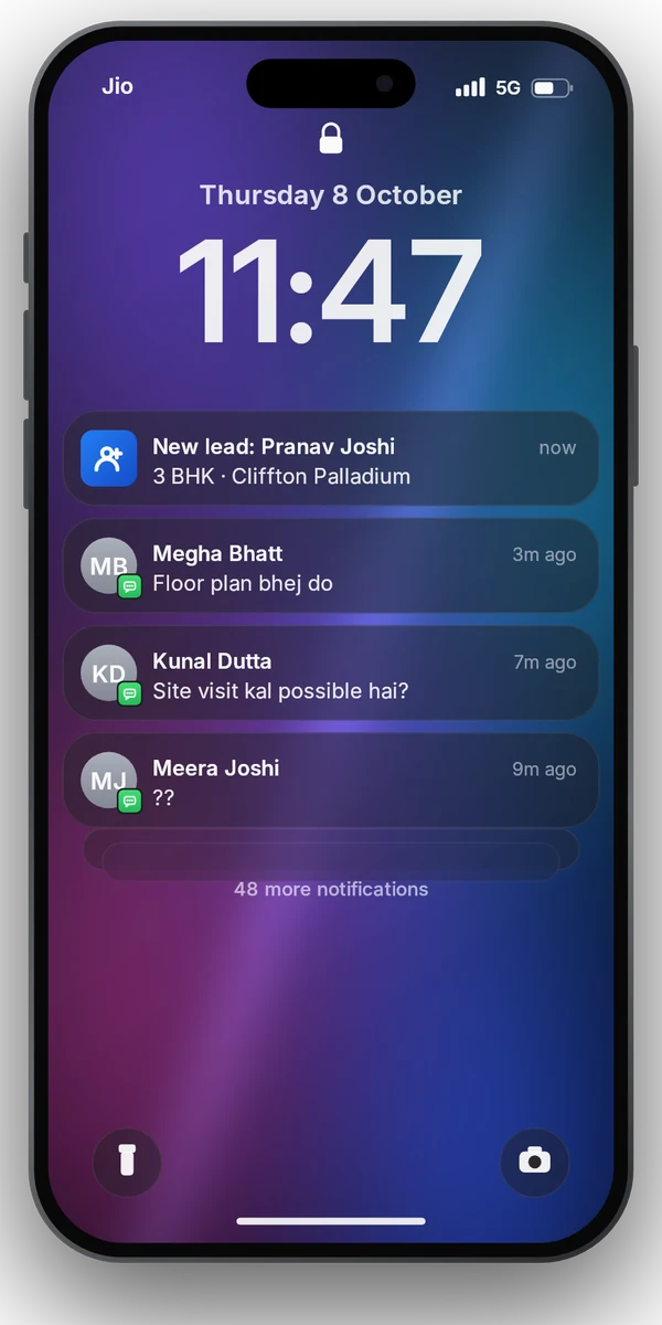 Phone lock screen at 11:47 PM full of unanswered WhatsApp messages, missed calls and new lead alerts